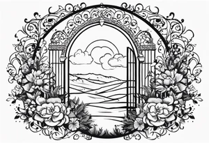 Arabian town garden gate entrance circle vignette surrounded clouds floral tattoo idea