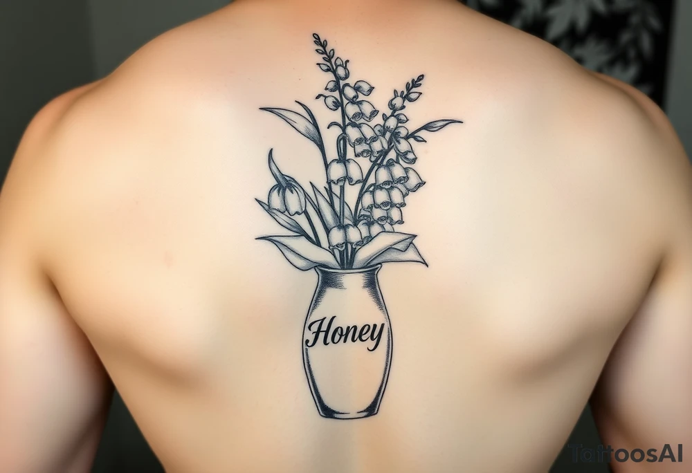 lily of the valley and hawthorn flowers in  vase that says 'honey' on it tattoo idea