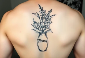 lily of the valley and hawthorn flowers in  vase that says 'honey' on it tattoo idea