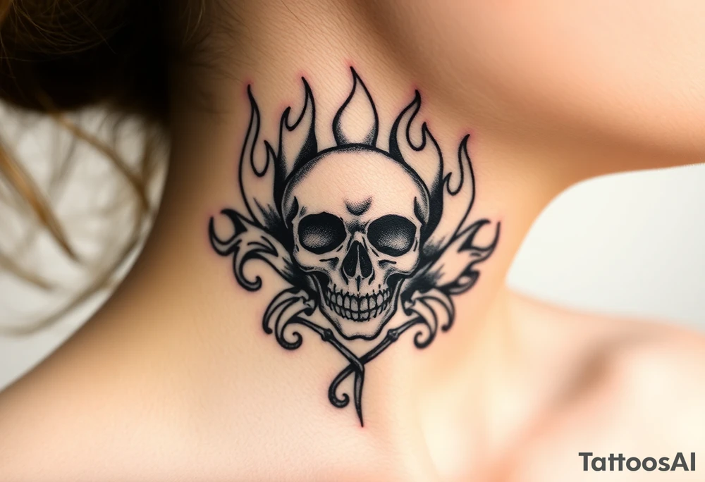 Q of spades skull surrounded by flames tattoo idea