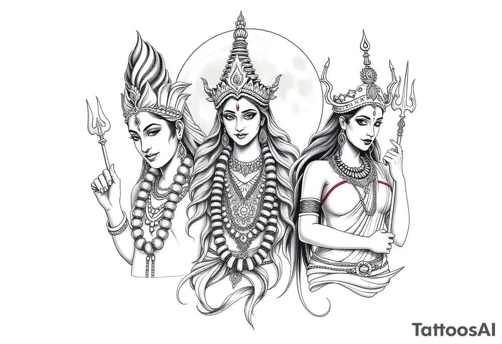 Lord Shiva, Godess Kali, Godess Lilith Together with the moon in the background tattoo idea