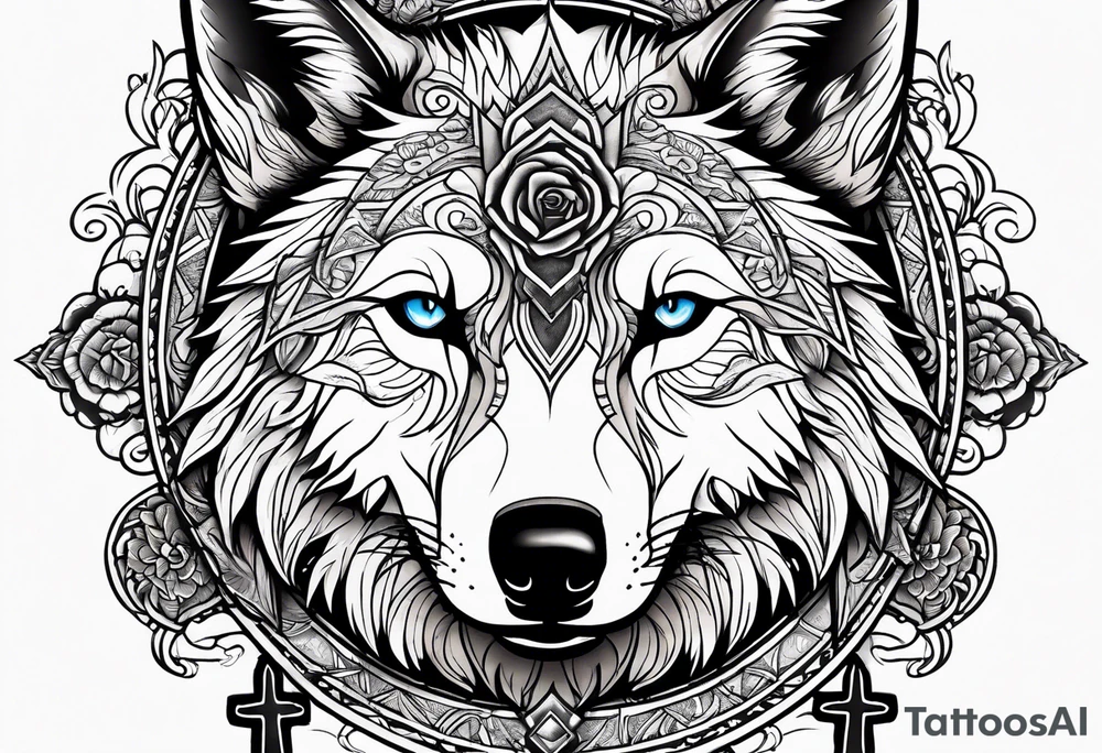 Powerful majestic wolf with mystery in its eye surrounded by rose and a cross and a bible quote tattoo idea