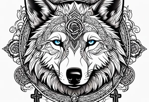 Powerful majestic wolf with mystery in its eye surrounded by rose and a cross and a bible quote tattoo idea