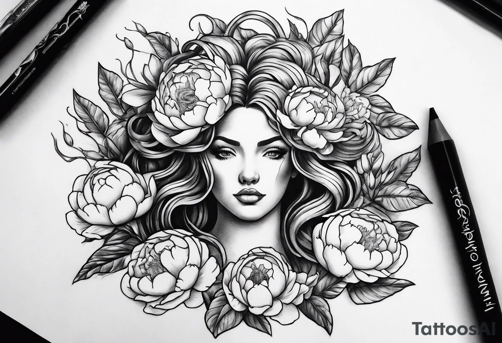 Medusa and peonies tattoo idea