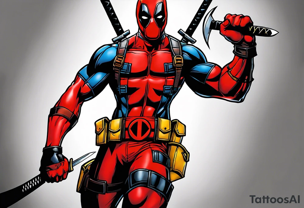 The tattoo features Deadpool and Wolverine in a highly realistic style. Deadpool, dressed in his detailed red and black costume, stands in a combat-ready pose, his katanas brilliantly rendered in hand. Beside him, Wolverine showcases his imposing musculature in his yellow and blue costume, with his adamantium claws extended and gleaming. Their expressions, one mischievous and the other fierce, are captured with precision, highlighting their distinct personalities. The scene focuses solely on the characters, with a minimalistic background to emphasize their dynamic and powerful presence. tattoo idea