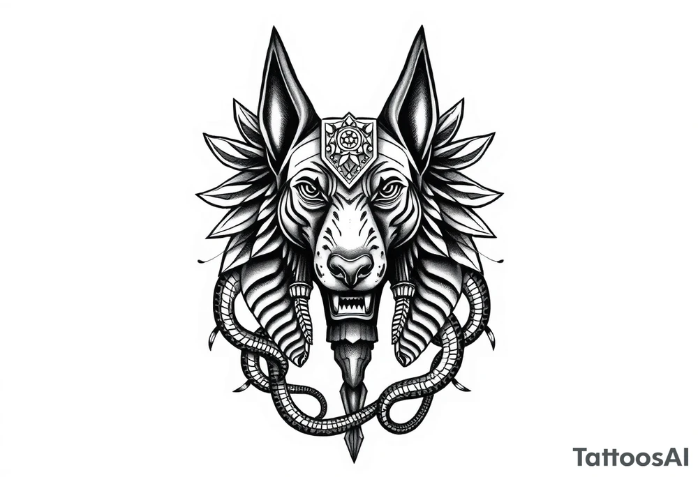 Egyptian Anubis god face muscle in Egypt style dog face surrounded Egyptian symbols and snakes full back tattoo idea