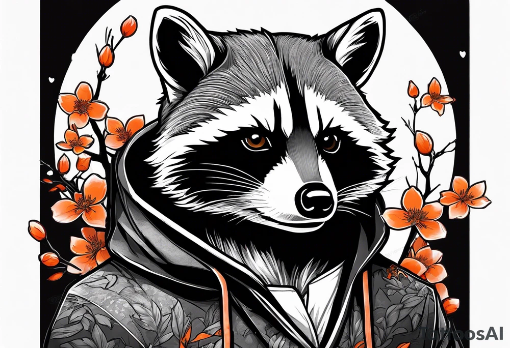 Raccoon wearing a white Superman logo on a black hoodie and orange Japanese cherry blossoms tattoo idea