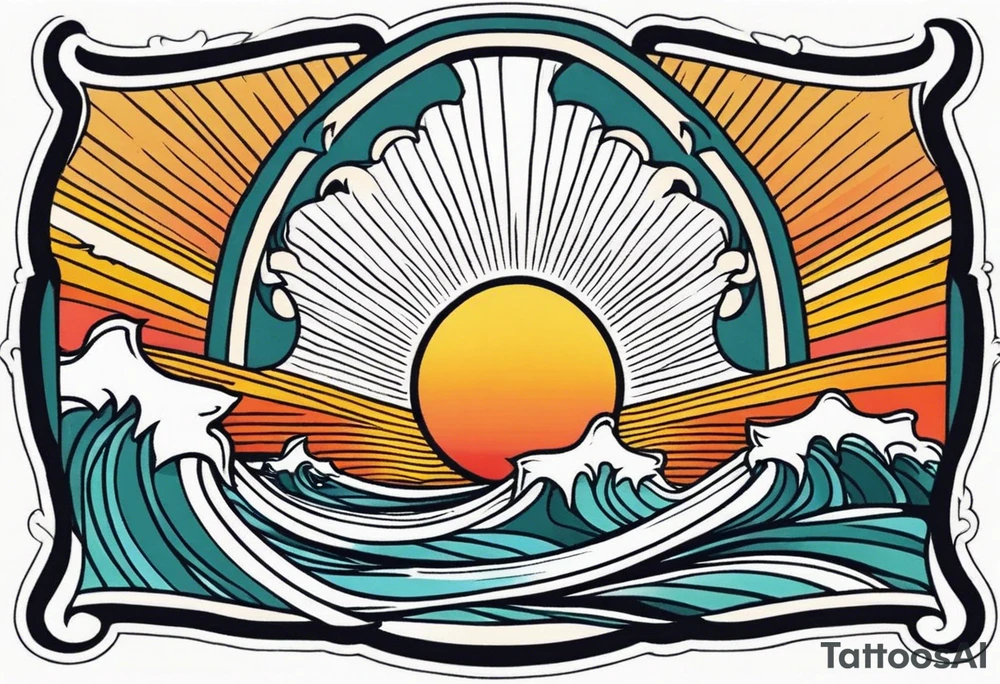 ocean waves with sun tattoo vintage traditional simple and bold colors
within borders tattoo idea