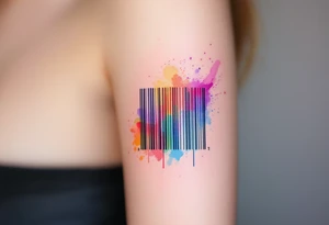 A barcode with rainbow-colored streaks blending into watercolor splashes, symbolizing diversity, creativity, and self-expression. tattoo idea