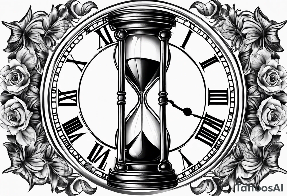 draw a clock/hourglass. They are surrounded by Roman numerals. It is a black and white tattoo for the right shoulder of a man tattoo idea