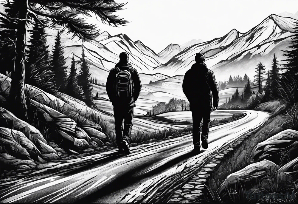 a man on a road that is less traveled with "Hark" in a banner tattoo idea