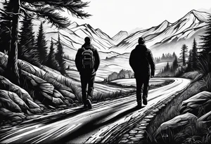 a man on a road that is less traveled with "Hark" in a banner tattoo idea