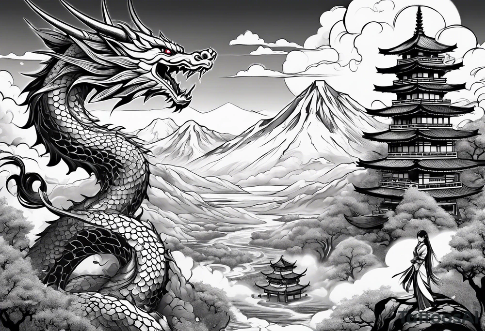 beautiful warrior fairy and a dragon and the background will be mountains, clouds, and a Japanese building tattoo idea
