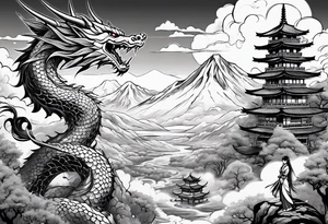 beautiful warrior fairy and a dragon and the background will be mountains, clouds, and a Japanese building tattoo idea