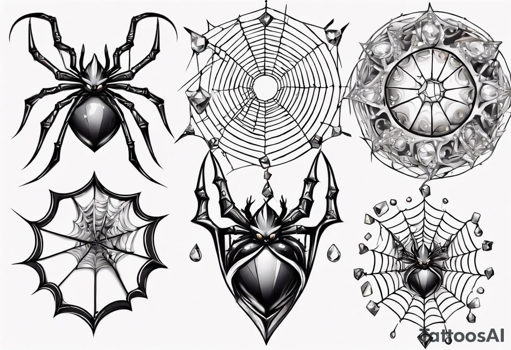 Spider in a spiral spiderweb with jewels and shattered chalices and spiral unicorn horn. tattoo idea