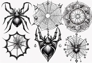 Spider in a spiral spiderweb with jewels and shattered chalices and spiral unicorn horn. tattoo idea