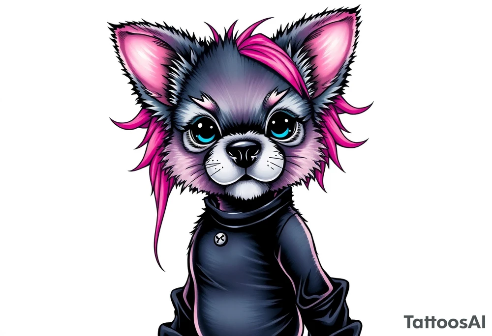 goth furry puppy girl with piercings on face and big boobs and big butt with black outfit on with pink hair tattoo idea