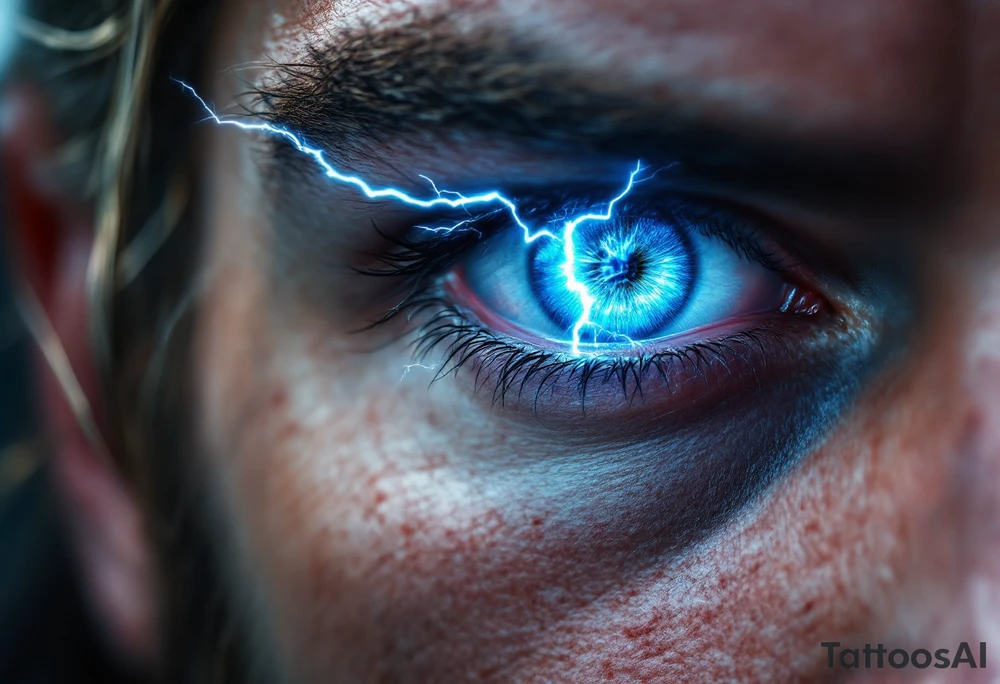 A close-up of Thor’s eye with lightning striking through the iris, in hyper-realism with bright blue and white highlights. tattoo idea