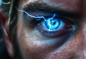 A close-up of Thor’s eye with lightning striking through the iris, in hyper-realism with bright blue and white highlights. tattoo idea