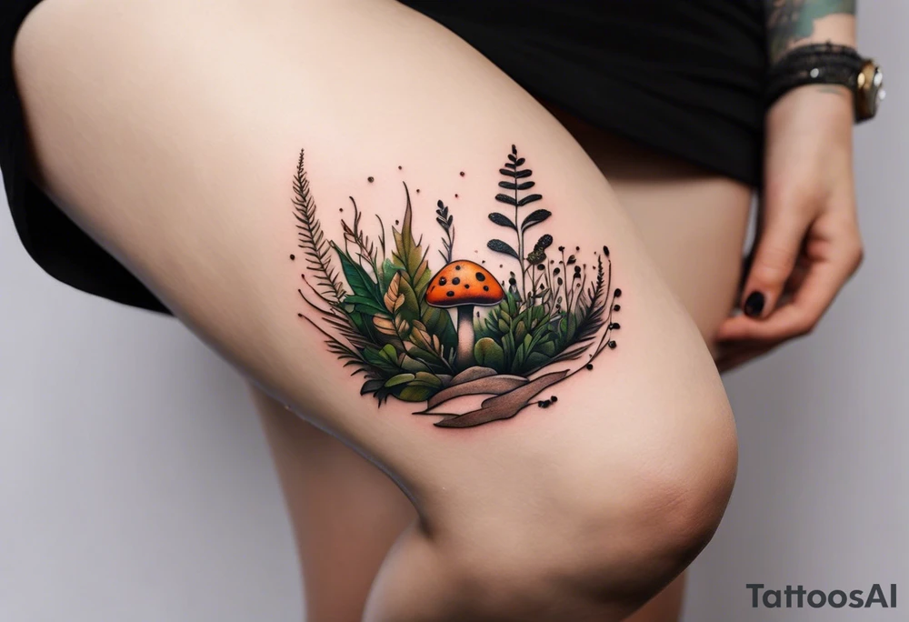minimalistic forest floor inspired tattoo, which includes grass, moss, curly ferns and dead leaves as the bulk of the tattoo. details to include: forest berries, couple of very small brown mushrooms, a tiny bumblebee flying nearby tattoo idea