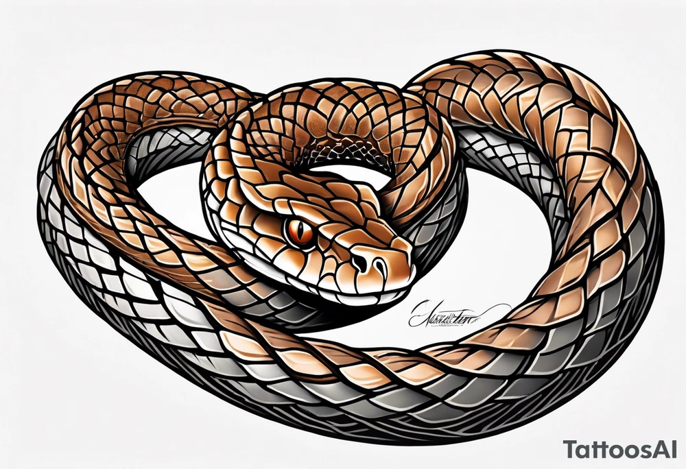 Copperhead coiled up with head turned up and mouth open and copper colored eyes tattoo idea