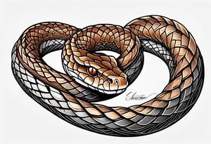 Copperhead coiled up with head turned up and mouth open and copper colored eyes tattoo idea