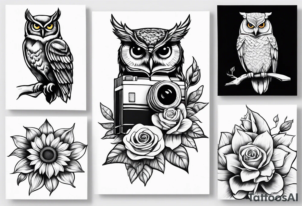 Sunflower, camera, book, owl, flower rose tattoo idea