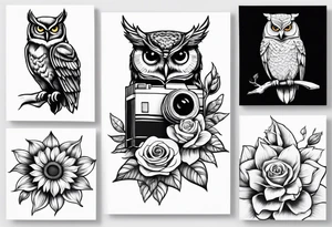 Sunflower, camera, book, owl, flower rose tattoo idea
