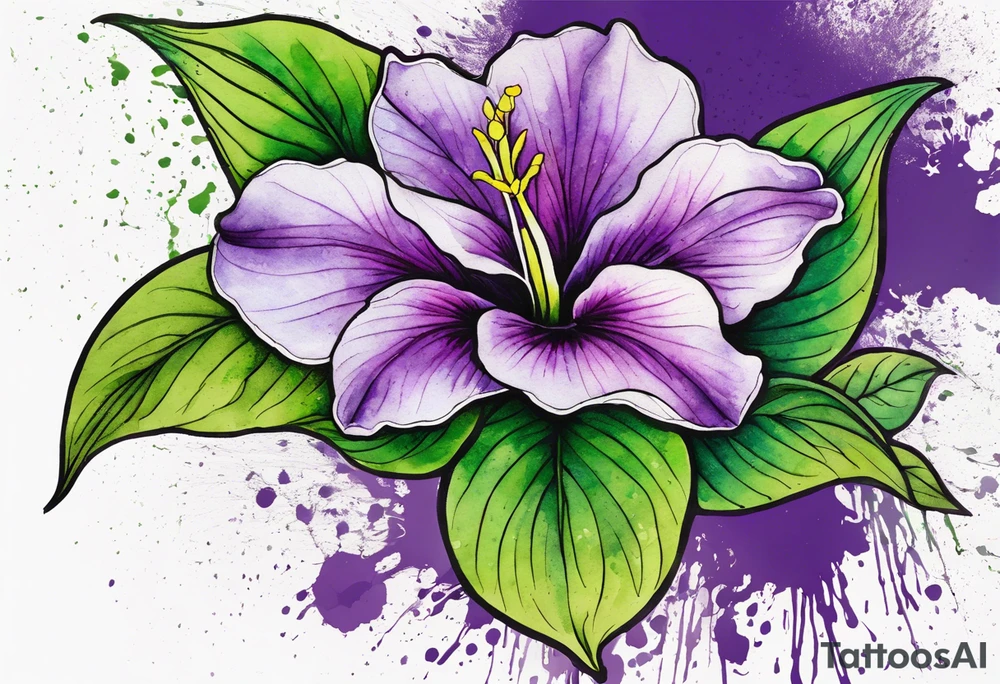 A mystical outline of a dipladenia flower and a green/purple watercolor splatter in the background to make the flower mainly green with purple highlights tattoo idea