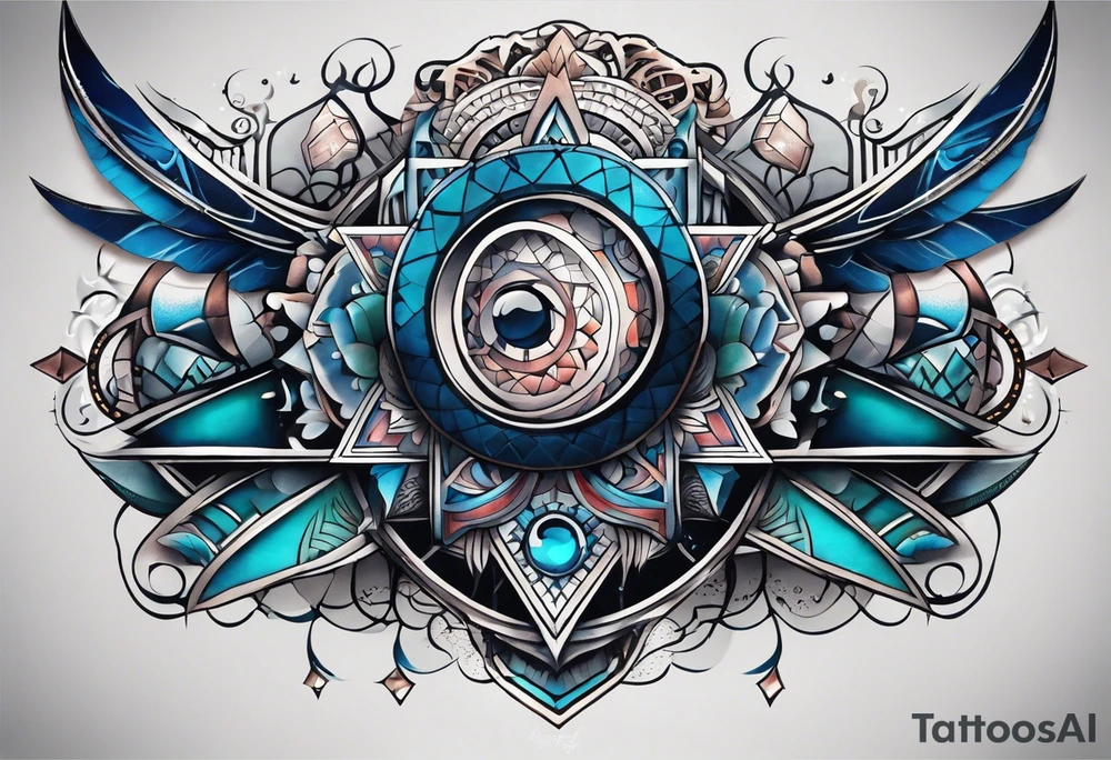 semi Detailed neo traditional knee tattoo flat on paper. The tattoo features geometric patterns and bold lines, creating a visually striking design with slight tints of deep fall colors. outside the tattoo features deep blues washes and water swirls tattoo idea