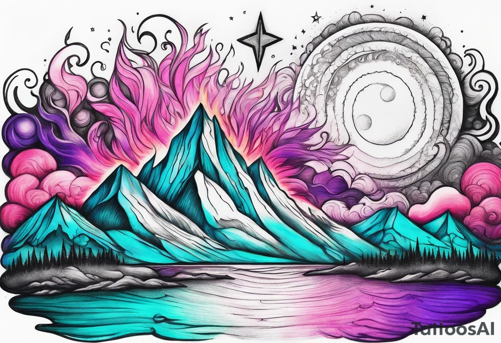Pink purple teal Bonfire flames turning into northern lights and stars tattoo idea