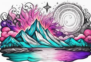 Pink purple teal Bonfire flames turning into northern lights and stars tattoo idea