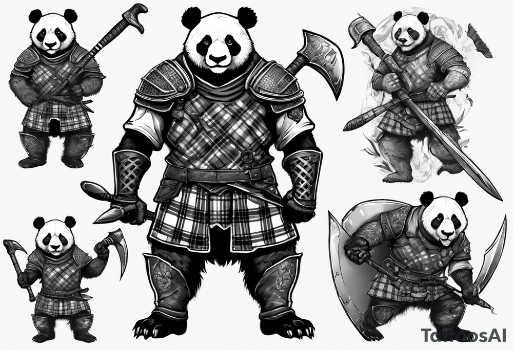 Full body Scottish warrior panda with battle axe and Mclean tartan tattoo idea