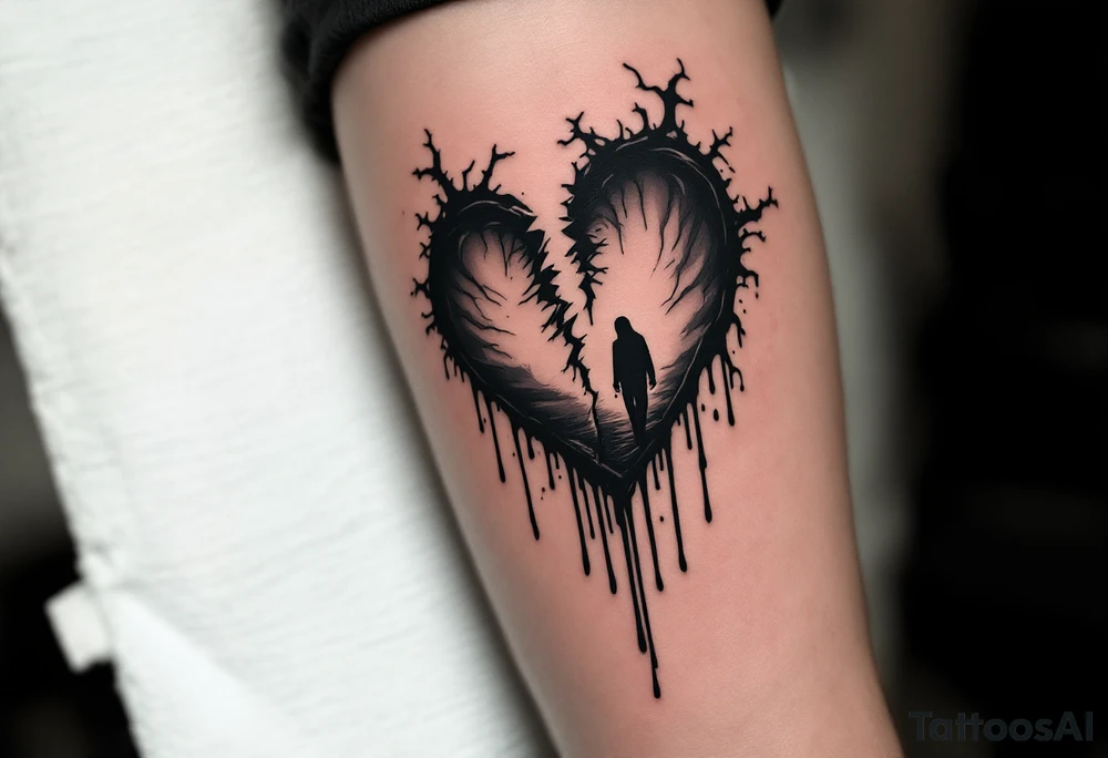 A broken heart dripping black ink, morphing into a shadowy figure walking away in the background. tattoo idea