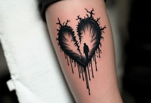 A broken heart dripping black ink, morphing into a shadowy figure walking away in the background. tattoo idea