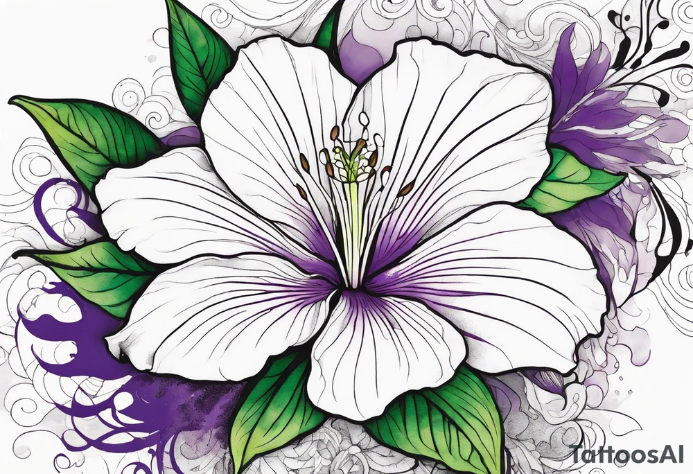 An outline of a rio dipladenia flower with a green/purple watercolor splash in the background tattoo idea