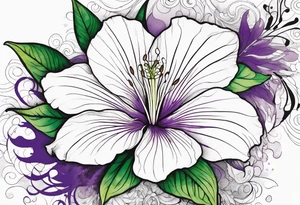 An outline of a rio dipladenia flower with a green/purple watercolor splash in the background tattoo idea
