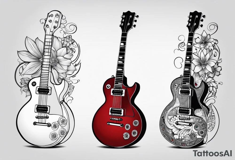 diseño de tatuaje donde lo principal sea un cono de luz diagrama de tiempo espacio, con una guitarra electrica pequeña les paul, mapa de venezuela, flor de loto, 2 gotas de sangre tattoo idea