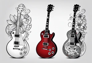 diseño de tatuaje donde lo principal sea un cono de luz diagrama de tiempo espacio, con una guitarra electrica pequeña les paul, mapa de venezuela, flor de loto, 2 gotas de sangre tattoo idea