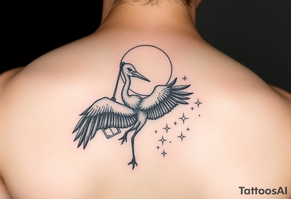 Stork carry bundle towards moon, stars tattoo idea