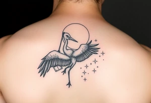 Stork carry bundle towards moon, stars tattoo idea
