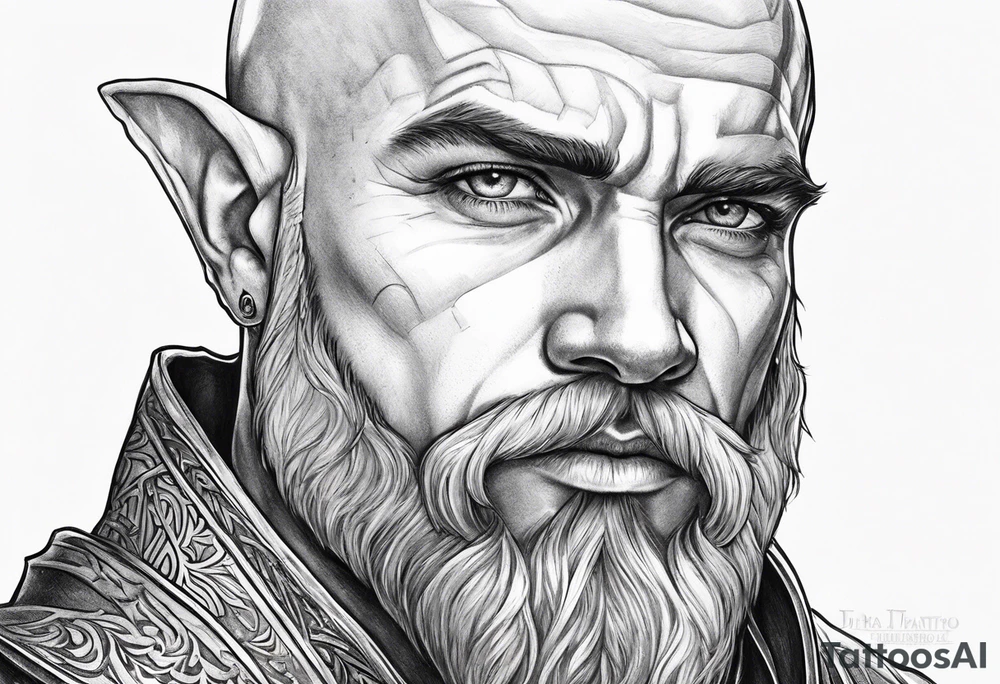human-elf, bearded bald male, paladin, from a distance tattoo idea