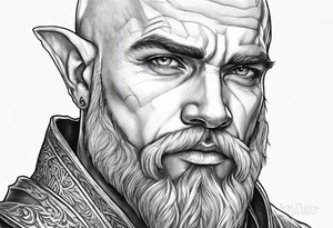 human-elf, bearded bald male, paladin, from a distance tattoo idea