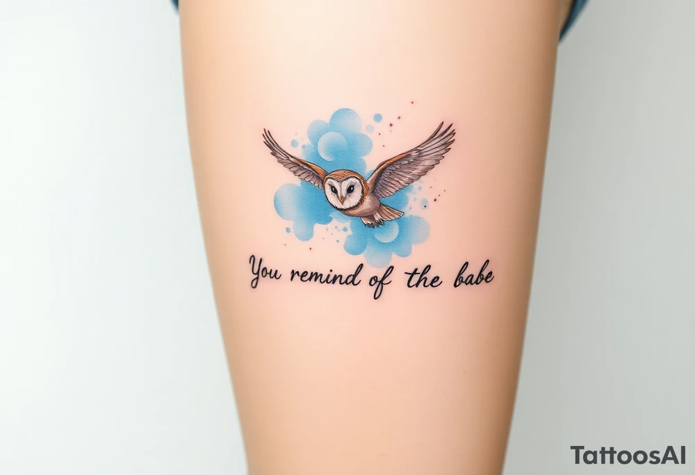 Small barn owl in flight with water color background and “You remind me of the babe” in script tattoo idea
