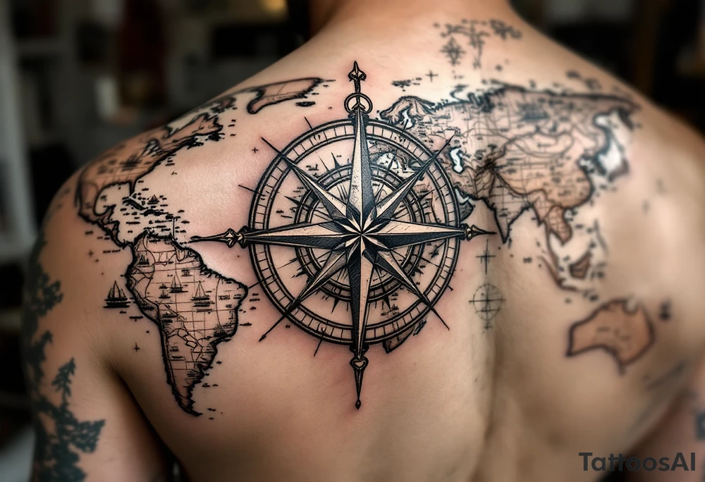 antique compass rose overlaid on weathered world map with sailing ships tattoo idea