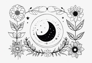 Moon phases in horizontal line, crystal, floral tattoo idea