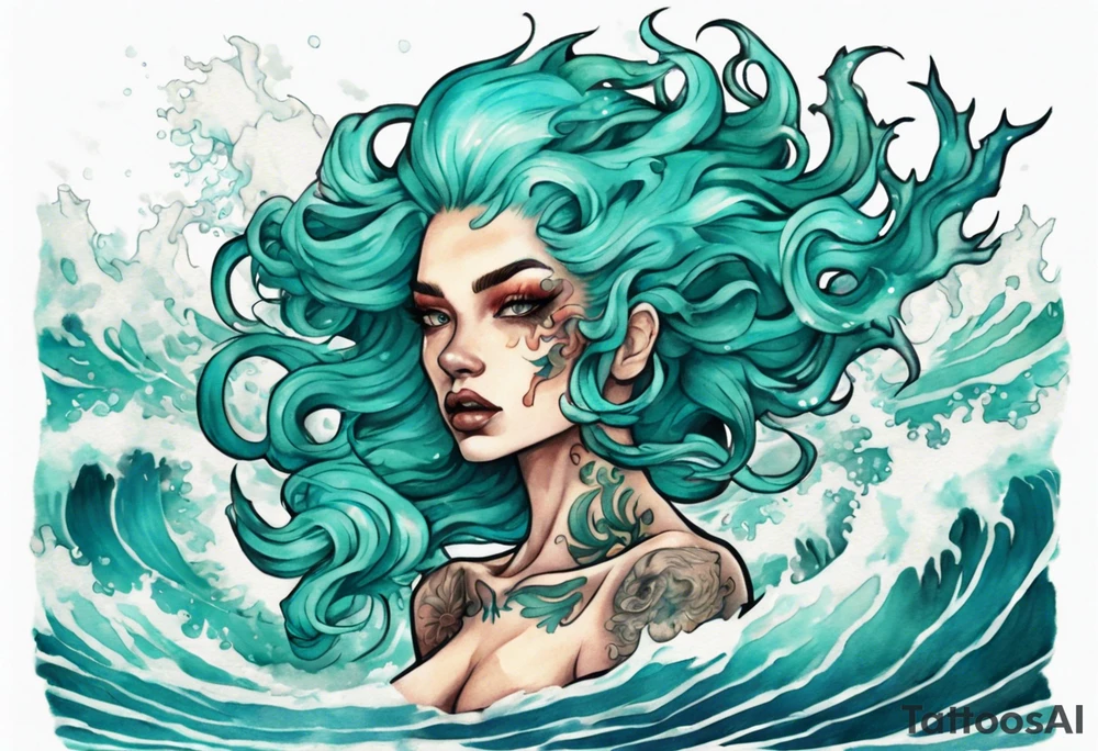 a beautiful female sea demon with turquoise hair standing in the sea surrounded by crashing waves tattoo idea