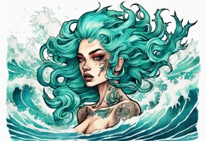 a beautiful female sea demon with turquoise hair standing in the sea surrounded by crashing waves tattoo idea