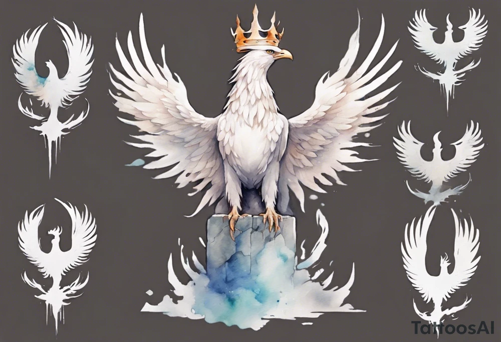 a white phoenix wearing a minimalist iron crown, standing on a stone throne tattoo idea