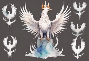 a white phoenix wearing a minimalist iron crown, standing on a stone throne tattoo idea